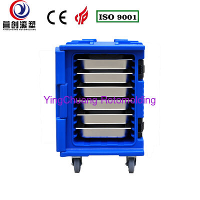 YINGCHUANG ROTOMOLDING OEM 90L Blue Handle Type Rotomolded Insulated Box With Casters, Thick PU Foam Hot & Cold Holding GN Pan Food Transport Cabinet For Central Kitchen Catering Canteen